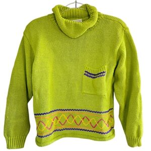Sugar Co. LTD 80's Sweater Size M Chartreuse Green Pocket Knit Roll Neck